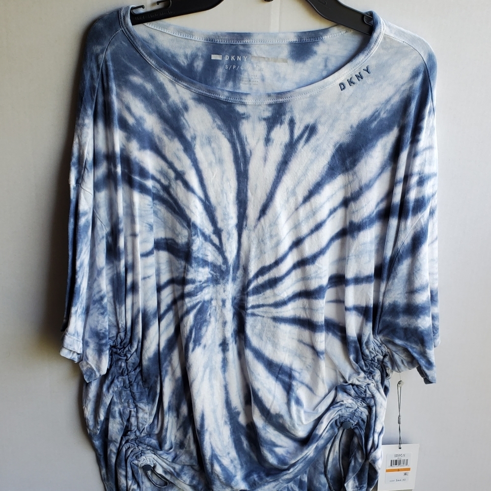 DKNY Tie Dye Denim Blue Top with Drawstring Hem - Picture 4 of 16